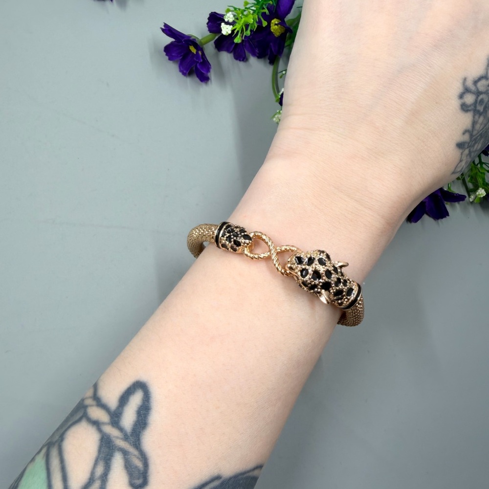 Gold-Tone Leopard Head Bracelet with Green Crystal Eye Accents